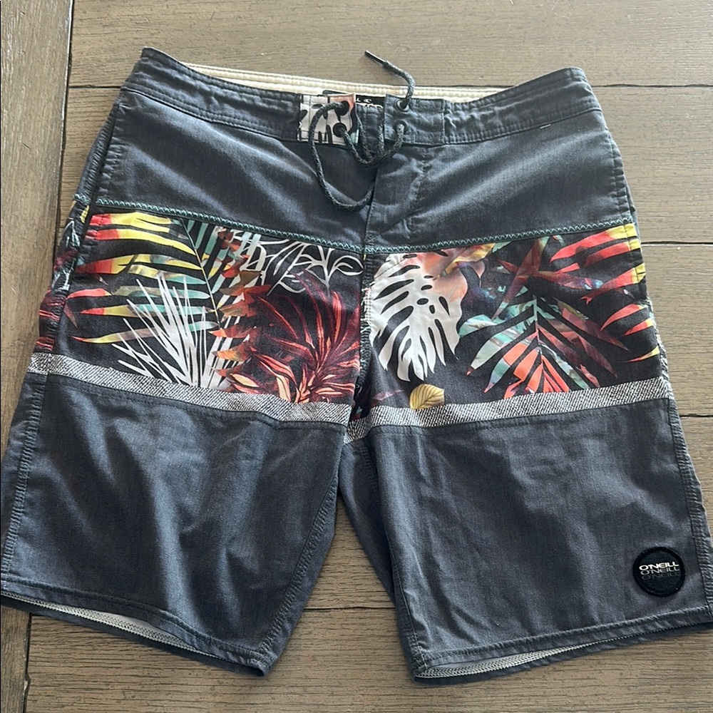 O'Neill Gray Board Shorts with Tropical Print